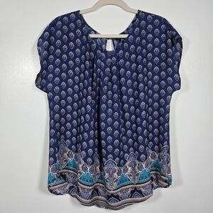 NEW Zenobia Blue Medallion Printed Cap Sleeve Lightweight Blouse Top Plus 2X